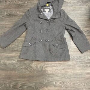 Stylish Gray Double-Breasted Pea Coat with Hood